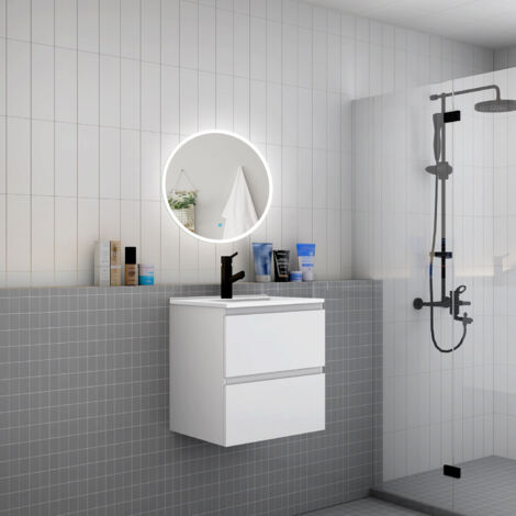 AICA Mueble de baño con lavabo,dos cajones, 60 x 38,5 x 52cm,blanco,lavabo de cerámica