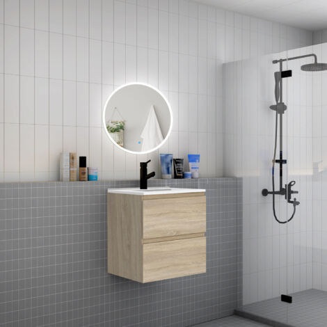 AICA Mueble de baño con lavabo,dos cajones, 60 x 38,5 x 52cm,roble,lavabo de cerámica