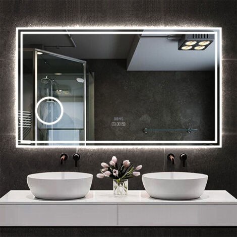 AICA Espejo LED de baño rectangular, 140x80cm con tres colores, y función antinieble, lupa 3x, bluetooth, reloj integrado, memoria agabada, y brillo ajustable