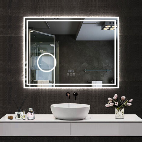 AICA Espejo LED de baño rectangular, 80x60cm, con tres colores, y función antinieble, lupa 3x, bluetooth, reloj integrado, memoria agabada, y brillo ajustable