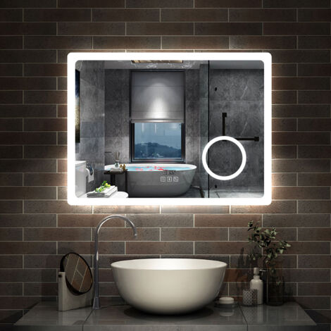 100 x 60 cm  Espejo Rectangular de Baño con Luz Led. Con Película Antivaho [Clasificación IP44] , Función Memoria Agapada,  Brillo Ajustable. Espejo de pared,，Bluetooth, Lupa 3x，Reloj Electrónico Inco