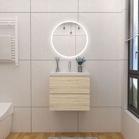 AICA  Mueble de baño con lavado y espejo , dos cajones，60 x 38.5 x52cm, roble