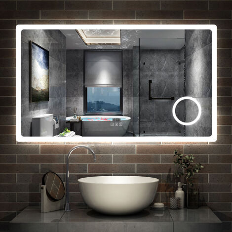 120 x 70 cm  Espejo Rectangular de Baño con Luz Led. Con Película Antivaho [Clasificación IP44] , Función Memoria Agapada,  Brillo Ajustable. Espejo de pared,，Bluetooth, Lupa 3x，Reloj Electrónico Inco