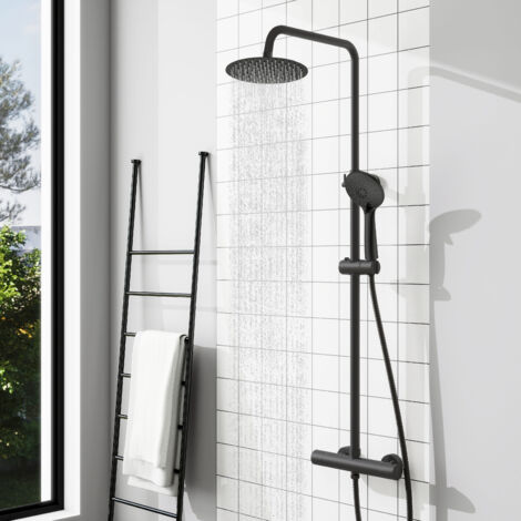 Columna de Ducha Termostática AICA Negro Mate Alcachofa Redonda Grande Barra Regulable 73-115 cm Sistema de Ducha Superior (1/4)