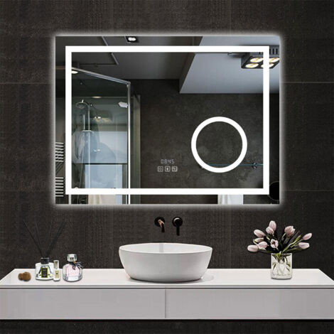 Aica Sanitarios  Espejo de baño con luz LED，luz con tres colores+ brillo ajustable+ antivaho+ bluetooth+ lupa 3x+ reloj digital,100 x 60 cm.