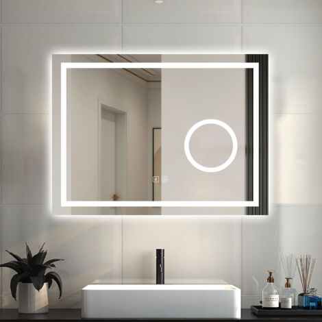 AICA ESPEJO 800 x 600 mm, espejo con luz tricolor, espejo con función bluetooth, lupa 3x, brillo ajustable , antivaho, función de memoria agapada