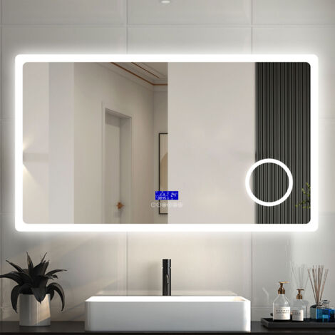 AICA Espejo de baño con luz LED , Luz con 3 colores（luz blanca/luz natural/luz amarilla）,100 x 60 cm,espejo rectangular, brillo ajustable,antivaho, función de memoria agapada ,diseño moderno