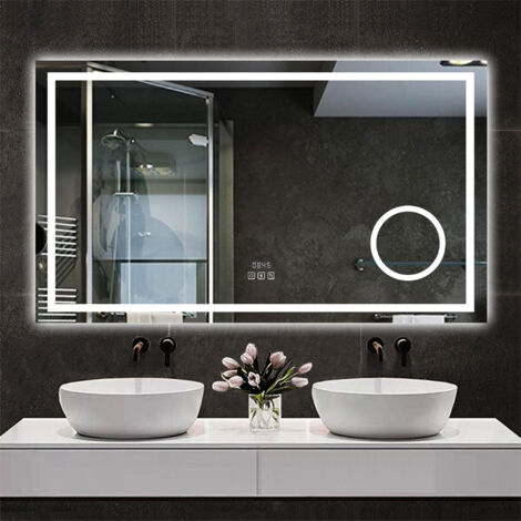 Aica Sanitarios  Espejo de baño con luz LED，luz con tres colores+ brillo ajustable+ antivaho+ bluetooth+ lupa 3x+ reloj digital,160 x 80 cm.