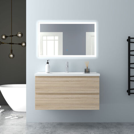 AICA  Mueble de baño con lavado y espejo , dos cajones，99 x 44.5 x 52 cm, roble