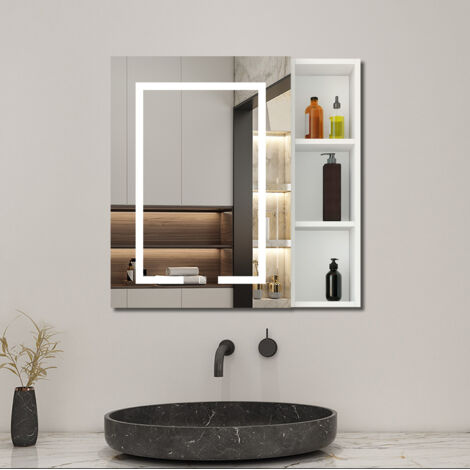 Aica Sanitarios Armario con espejo LED para baño armario principal 700 x 500 x 130mm，Armario auxiliar 700 × 200 × 130 mm, puerta con espejo LED 700 x 500 x 21 mm
