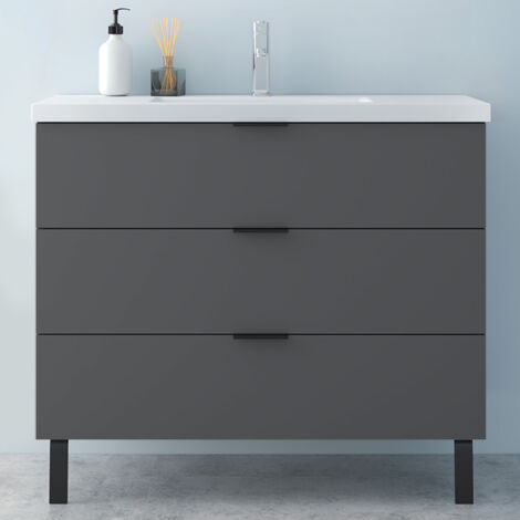 Aica Mueble de baño con lavabo,99 x 46 x 85 cm ,3 cajones,antracita, amplio espacio de almacenamiento,Lavabo blanco
