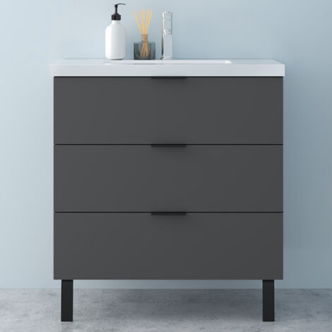 Aica Mueble de baño con lavabo,79 x 46 x 85 cm ,3 cajones,antracita, amplio espacio de almacenamiento,Lavabo blanco