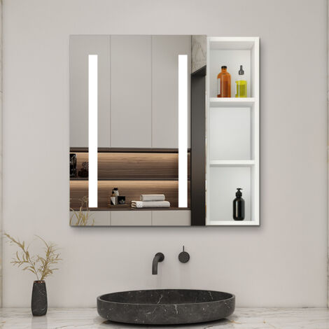 Aica Sanitarios Armario con espejo LED para baño armario principal 700 x 600 x 130mm,Armario auxiliar 700 × 200 × 130 mm, puerta con espejo LED 700 x 600 x 21 mm