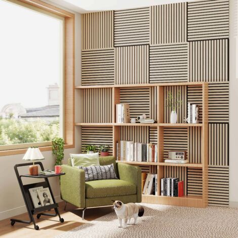 Paneles Acústicos Decorativos de Pared - Set de 4 Unidades - 60x60 cm - Color roble claro - Tablero MDF