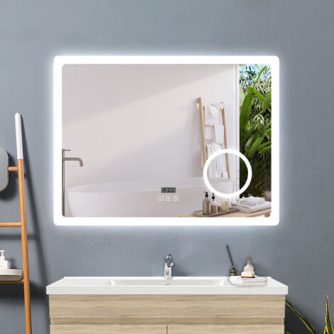 Aica Sanitarios  Espejo de baño con luz LED，luz con tres colores, brillo ajustable, antivaho, bluetooth, lupa 3x, reloj digital,80 x 60 cm.