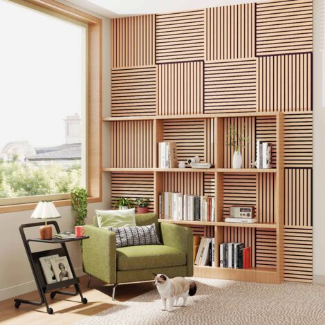 Paneles Acústicos Decorativos de Pared - Set de 4 Unidades - 60x60 cm - Color roble oscuro - Tablero MDF