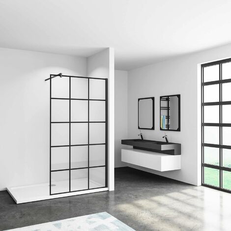 90x200cm Mamparas de ducha pantalla panel fijo estilo industrial negro Mate con cuadrados cristal antical 8mm con Barra2 90cm