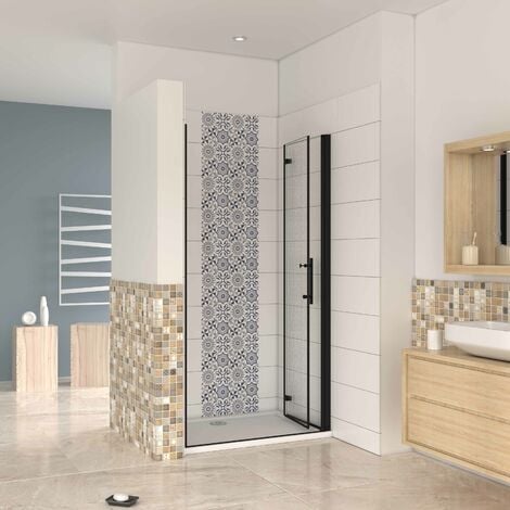 Mampara ducha frontal baño dos puerta plegable con perfil negro mate  ,estilo industrial, 5 mm cristal