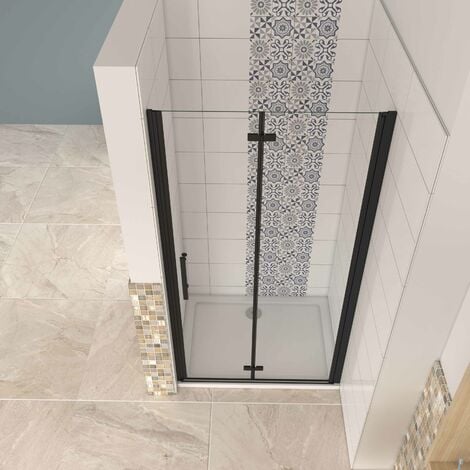 Mampara ducha frontal baño dos puerta plegable con perfil negro mate ,estilo industrial, 5 mm cristal templado, Easyclean,70x190cm