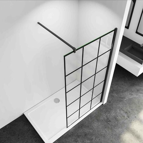 100x200cm Mamparas de ducha pantalla panel fijo estilo industrial negro Mate con cuadrados cristal antical 8mm con Barra 73-120cm