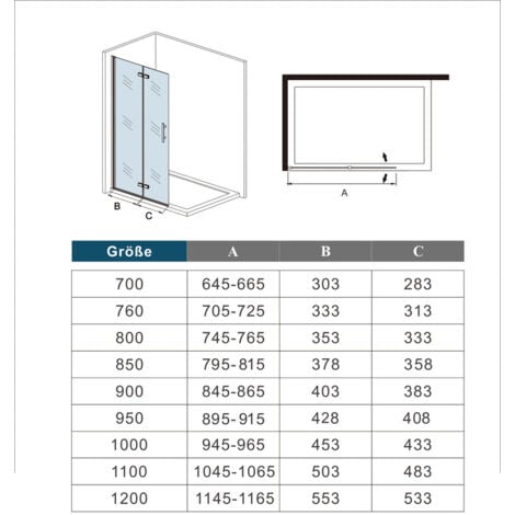 185cm Walk in 2 hojas plegables vidrio templado con tratamiento antical,Ancho 96cm es ajustable entre 945mm - 965mm