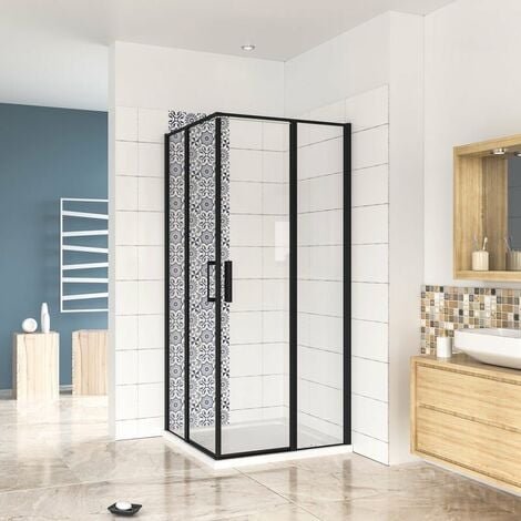 Cabina de ducha negra moderna, sistema de ducha, mampara de ducha con  puerta corrediza de vidrio transparente - Clearhalo