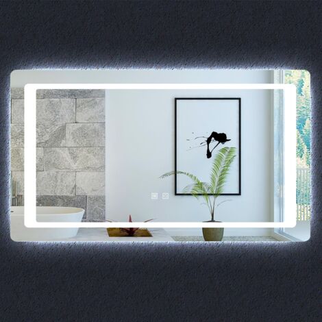 Espejo de baño Moderno con luz LED 6000k blanco frío 100 x70 cm.Espejo de Baño Led Touch, Dos Sensor Táctil,Almohadilla Calefactor Antivaho IP44 & A+