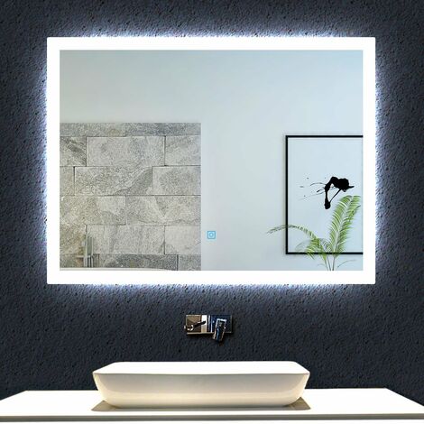 Espejo de Baño Moderno con Luz LED 6000k Blanco frío. Espejo Baño Led Interruptor Táctil, Almohadilla Calefactor Antivaho 90 x 70 cm