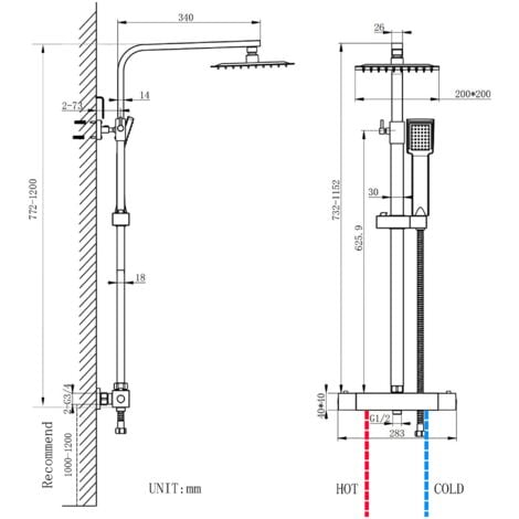 Aica Columna de Ducha termostática, Ducha de Baño, Rociador superior grande y pulverizador de mano cuadrado con manguera y grifo en cromo de acero inoxidable, Ducha Lluvia, 80-120 cm