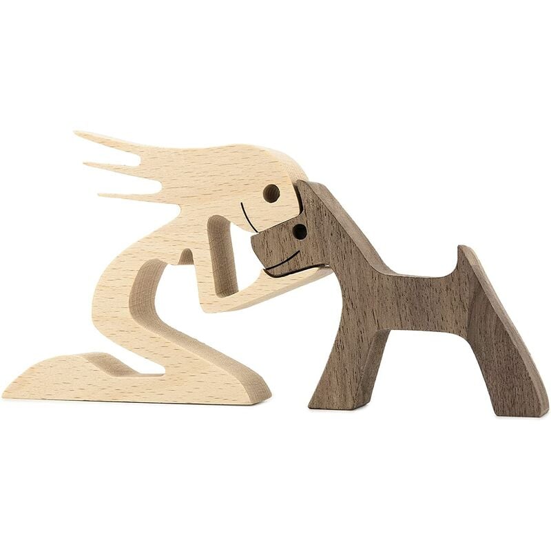 Estatua familiar de madera para perros y gatos Decoración de madera hecha a mano Lindo cachorro Gatito y escultura de personas - Figura coleccionable para el hogar Oficina Sala de estar Mujer + Cachorro