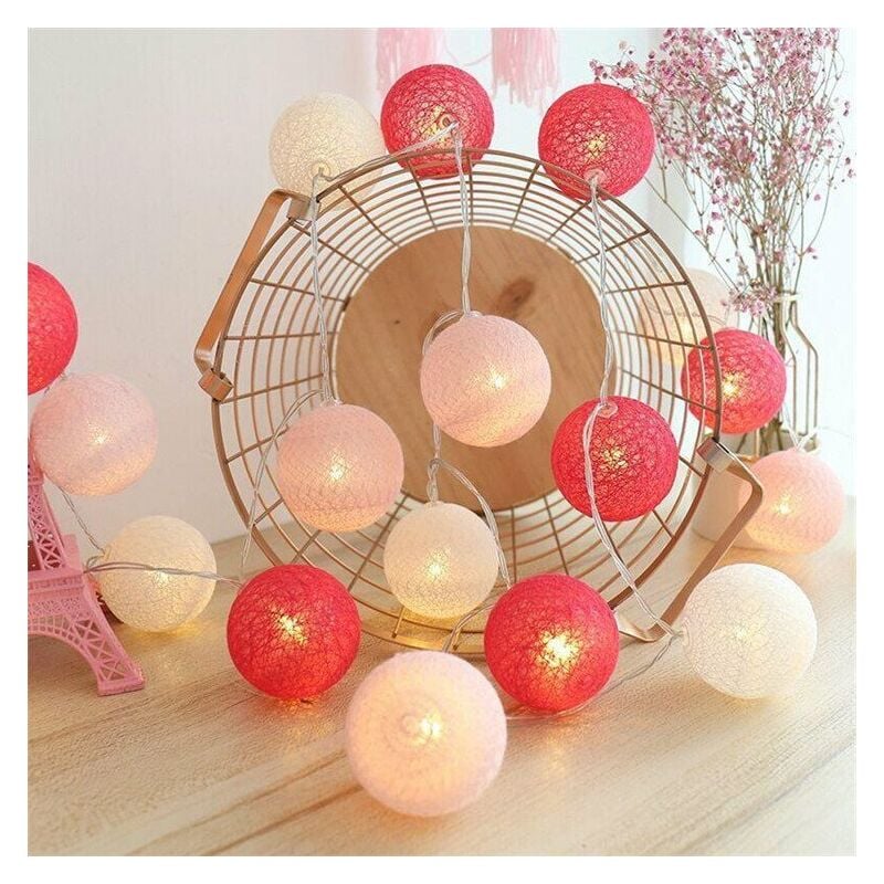 Guirnalda de luces de bolas de algodón, decoración de interiores, decoración navideña, globo de luz LED 3M 20er, niña, princesa, niño, bebé, dormitorio, decoración de atmósfera de boda, (USB rosa/rojo)