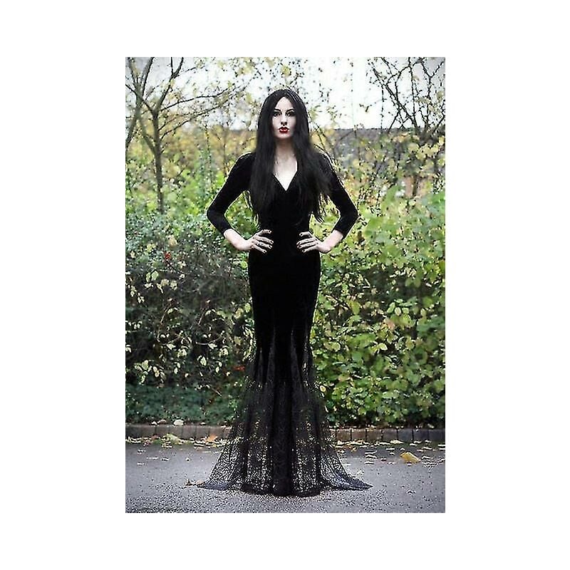 Halloween Cosplay Morticia Addams Fantasma Bruja Disfraz Mujeres Adultas Horror Negro Gótico Encaje Vestido Bata Vestido Fiesta,xl