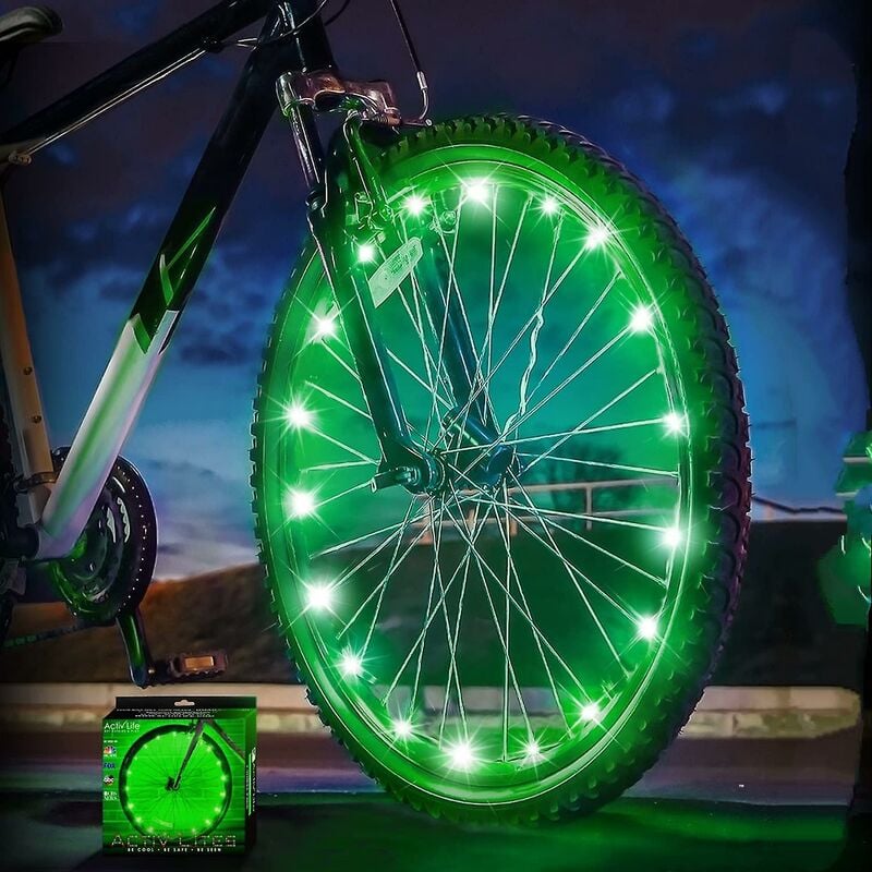 Luz de rueda de bicicleta verde, dos modos están siempre encendidos + luz de radios LED intermitente mtb, cable de luz de bicicleta Hot Wheels Filamento Longitud 2 m (1 paquete de neumáticos)