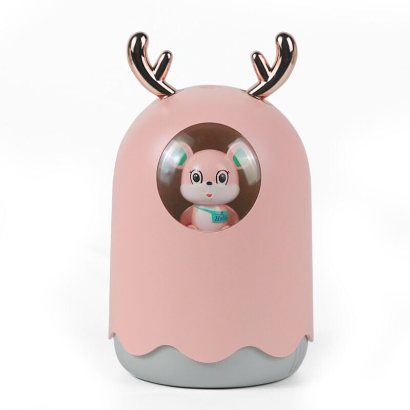 Humidificador para bebés, humidificador para el hogar, humidificadores para bebés ultrasónicos y silenciosos, humidificador portátil USB, luz nocturna de 7 colores, madera, oso, alce (300 ml rosa)