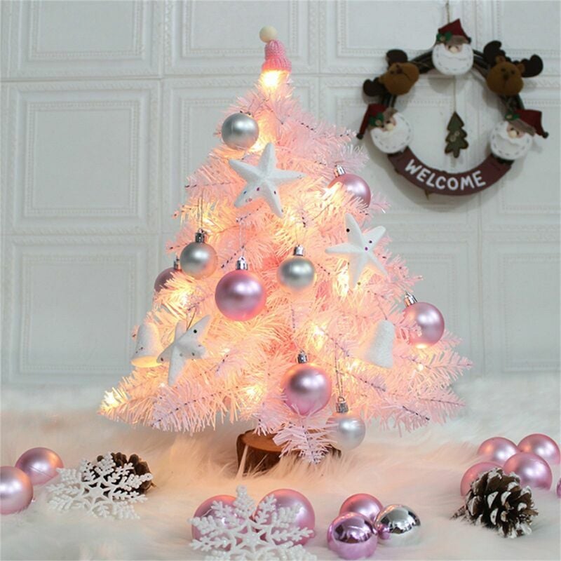 Árbol de navidad artificial rosa con bolas y luces LED, mini árbol de navidad para decoraciones navideñas, hogar, mesa de comedor