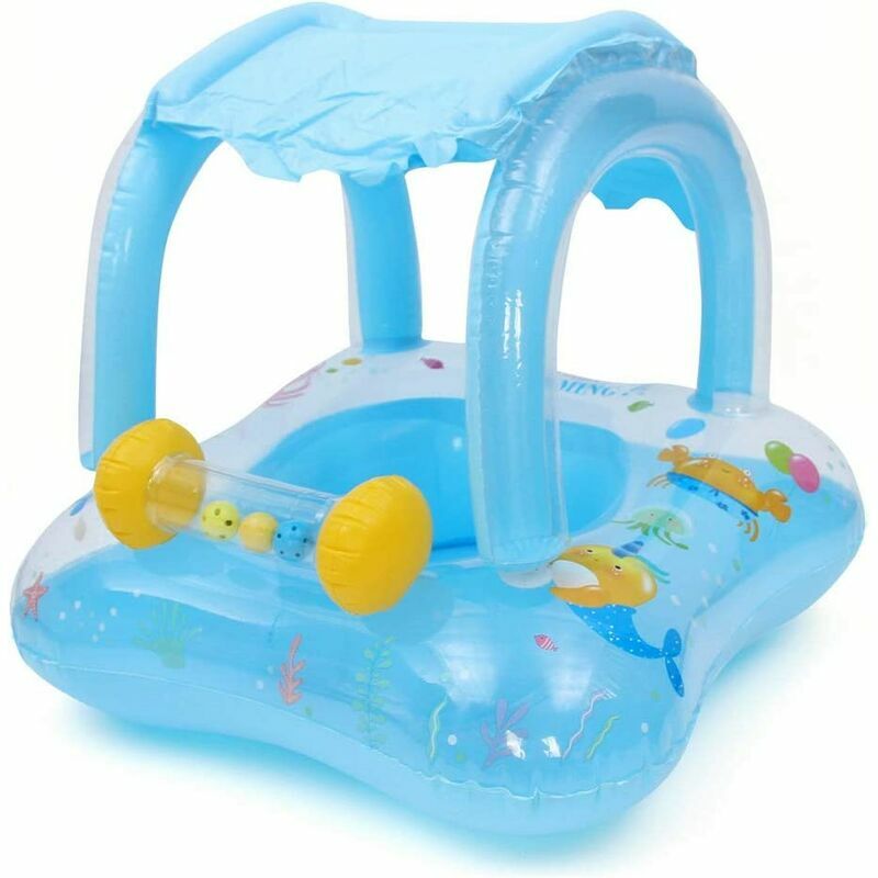 Asiento de piscina inflable de verano para niños Tipo de barco Campana de dibujos animados con dosel para el sol Anillo de natación Flotador Piscina Flotador Juguete para 6 meses a 6 años (Azul)