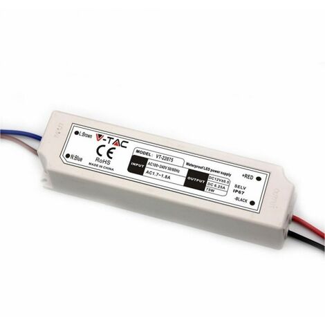 V-TAC Kunststoff-Netzteil, 75 W, 12 V, 6 A, 1 Ausgang, Lötkabel, weiß, 166 x 43 x 33 mm, IP67
