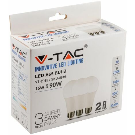 V-TAC 15W E27 LED-Glühbirne, A65, Warmweiß (3er-Packung)