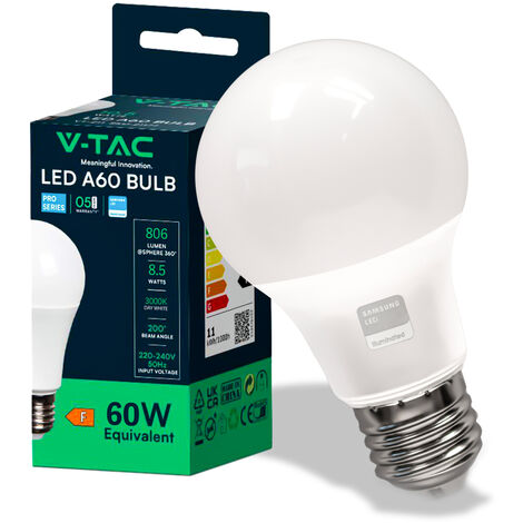 Bombilla LED V-TAC E27 9W Samsung Chip A60 Blanco cálido