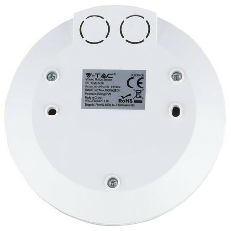 Sensor de movimiento infrarrojo V-TAC 360° para techo, blanco (máx. 1000 W), IP20