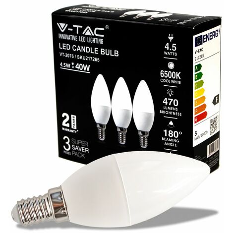 Bombilla LED tipo vela V-TAC E14 de 4,5 W, luz blanca fría (caja de 3)