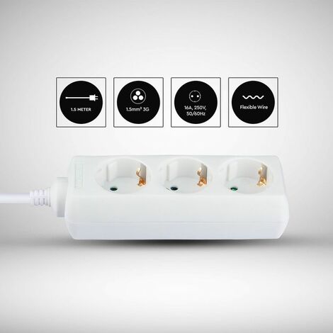 Multienchufe con Cable 1,5m 3 Tomas 10A 2P + Enchufe Schuko y Schuko Color Blanco