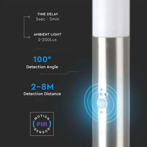 Lámpara de pie LED para jardín V-TAC de 110 cm con portalámparas E27, sensor de movimiento, acero inoxidable, IP44