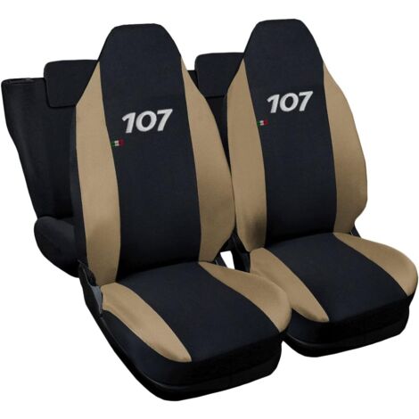 Lupex shop - Coprisedili Auto Compatibili per 107, Made In Italy, set di copri sedili anteriori e posteriori con copri poggiatesta incluso, tessuto poliestere, Nero - Beige