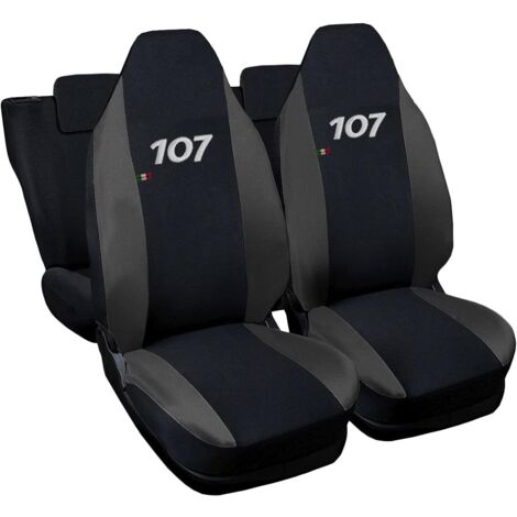 Lupex shop - Coprisedili Auto Compatibili per 107, Made In Italy, set di copri sedili anteriori e posteriori con copri poggiatesta incluso, tessuto poliestere, Nero - Grigio Scuro