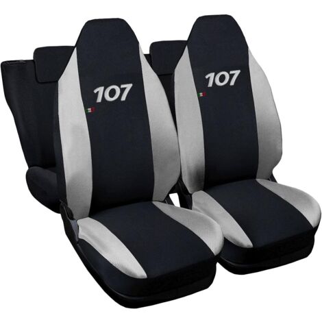 Lupex shop - Coprisedili Auto Compatibili per 107, Made In Italy, set di copri sedili anteriori e posteriori con copri poggiatesta incluso, tessuto poliestere, Nero - Grigio Chiaro