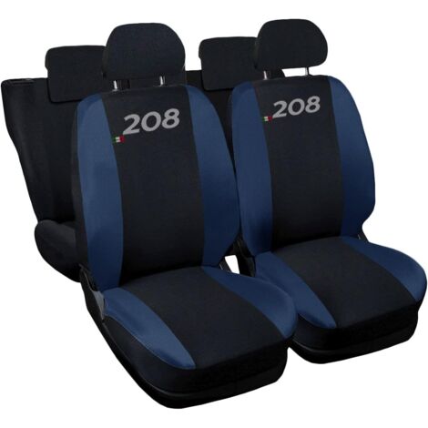 Lupex shop - Coprisedili Auto Compatibili per 208, Made In Italy, set di copri sedili anteriori e posteriori con copri poggiatesta incluso, tessuto poliestere, colore - Nero\Blu scuro