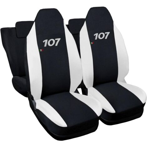 Lupex shop - Coprisedili Auto Compatibili per 107, Made In Italy, set di copri sedili anteriori e posteriori con copri poggiatesta incluso, tessuto poliestere, Nero - Bianco
