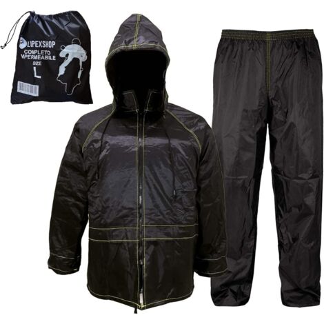 Lupex Shop - Tuta Moto Impermeabile Antipioggia Antivento, con borsa, colore nero, set di giacca e pantalone da pioggia con cappuccio a scomparsa, Unisex - Tg. XL
