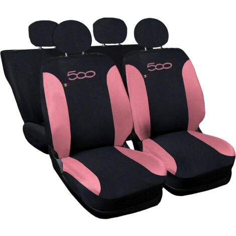 Lupex shop - Coprisedili Auto Compatibili per 500, Made In Italy, set di copri sedili anteriori e posteriori con copri poggiatesta incluso, New, tessuto poliestere, Nero - Rosa
